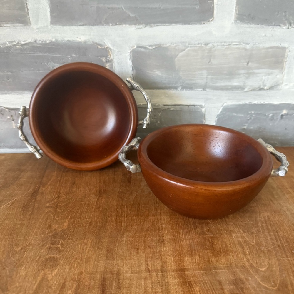 Atticus Wood Bowl Set Of Two With Silver Twig Handles Rustic Cabin Cottage Woods